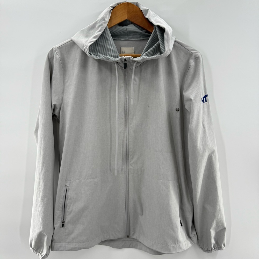 Vuori Full Zip Lightweight Hooded Jacket Embroidered Sleeve Gray Size Medium